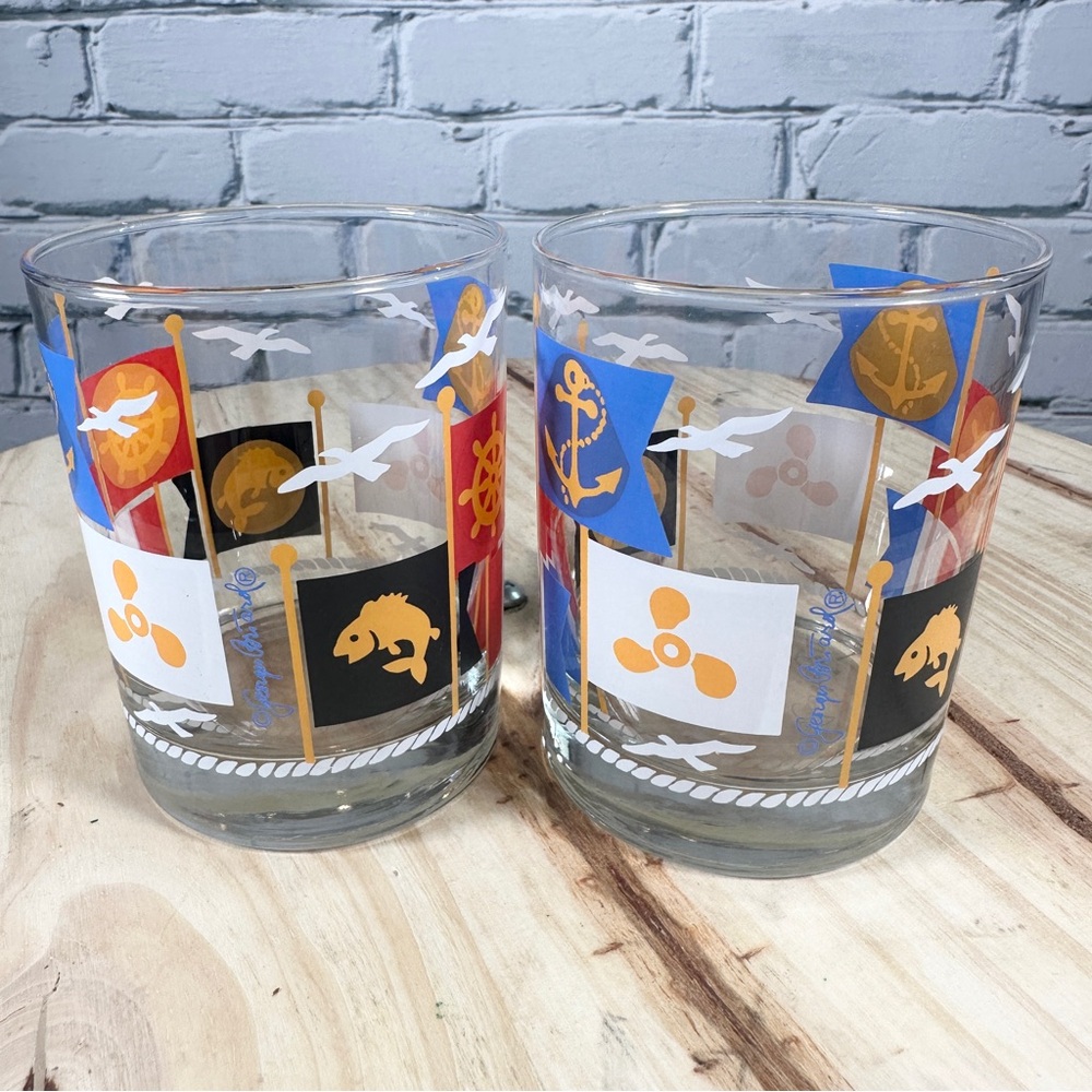 Vtg Georges Briard Signal Flags Old-Fashioned Glasses SET OF 2 Nautical MCM Rare